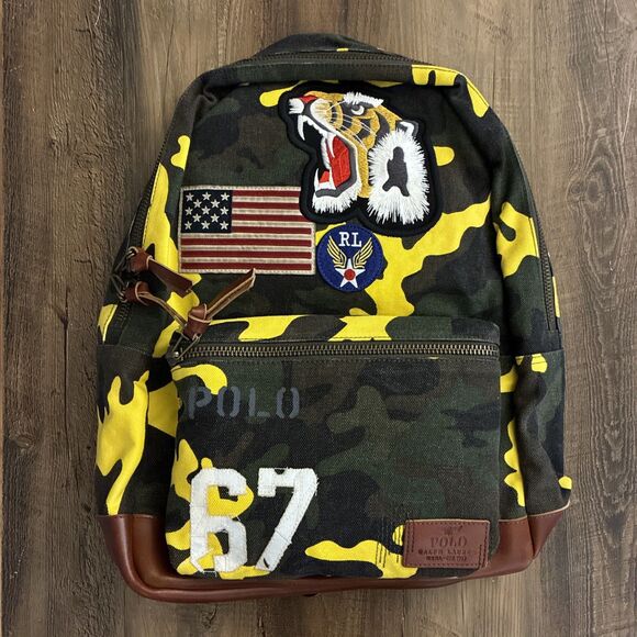 POLO Ralph Lauren '67 Backpack Men Yellow Camo Tiger USA Flag Patch Canvas